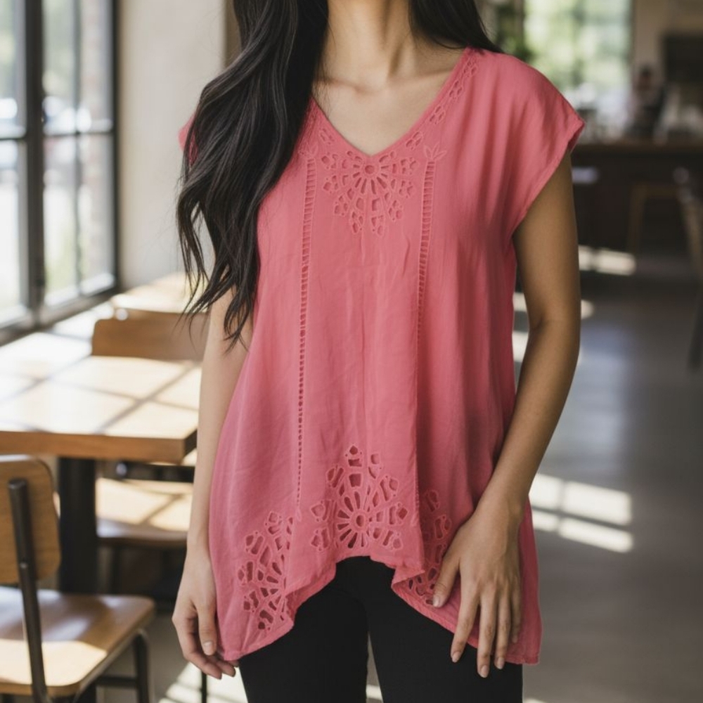 Johnny Was Tunic Top Eyelet Coral Pink Size Small